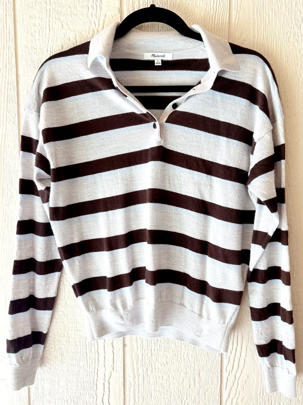 Madewell Merino Wool Striped Polo Sweater Brown Blue Gray Small